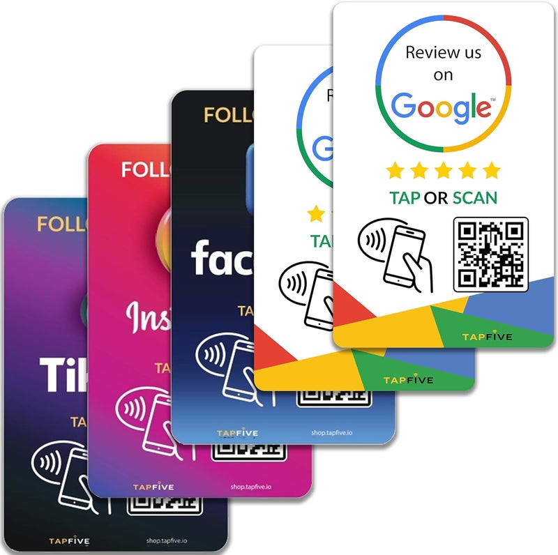 tapSnap TapFive Google Review Tap Cards + Follow Us on Instagram Facebook TikTok - Tap for Instant Reviews & Followers - All Phones Compatible - Reusable NFC & QR (5-Pack Social Pack) - Image 1